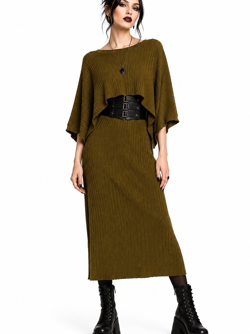 Corporate Goth 2 pc set By Together drab Olive Ribbed Maxi dress crop top S